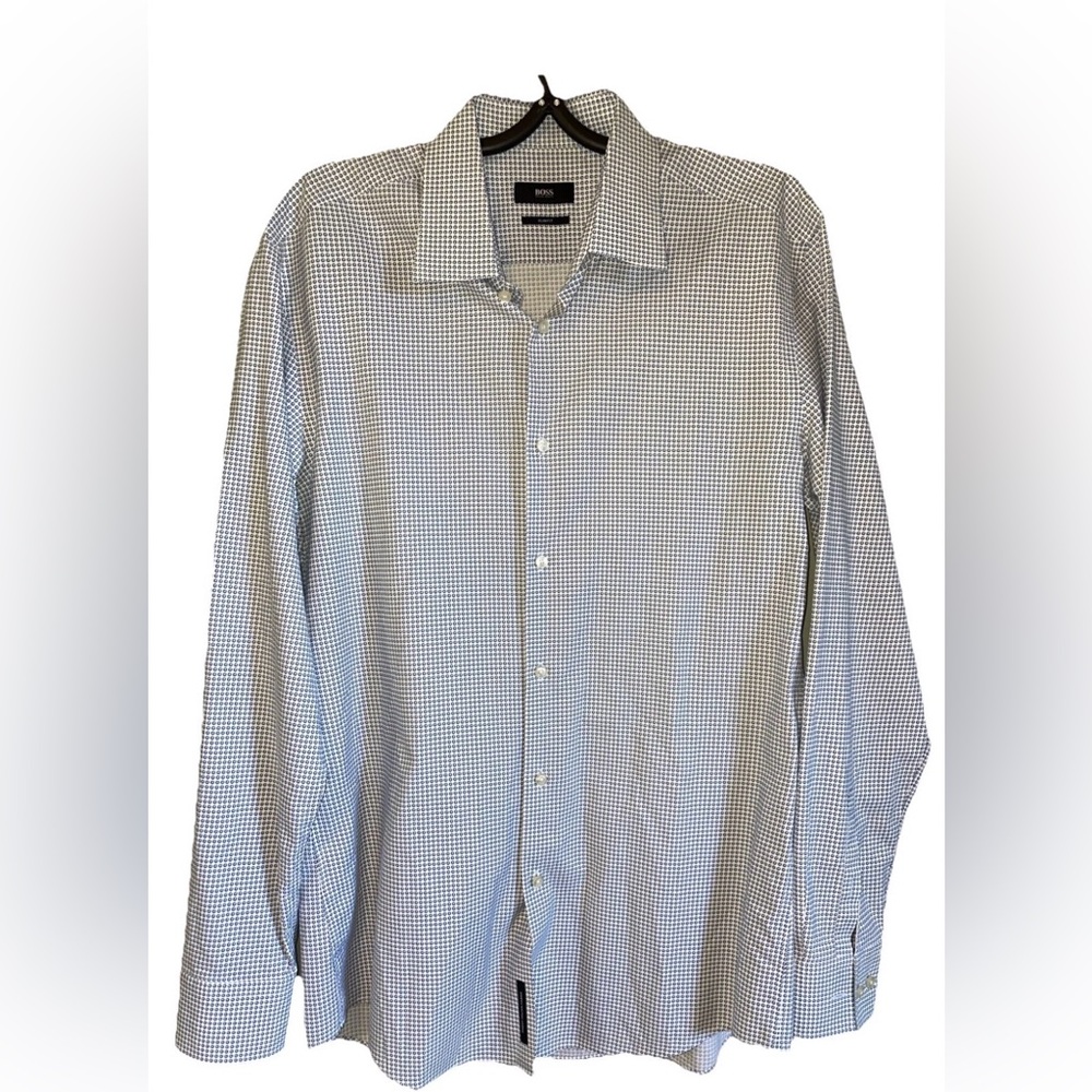 HUGO BOSS DRESS MENS SHIRT  SIZE 42/16.5 SLIM FIT MADE IN ITALY BLUE & White